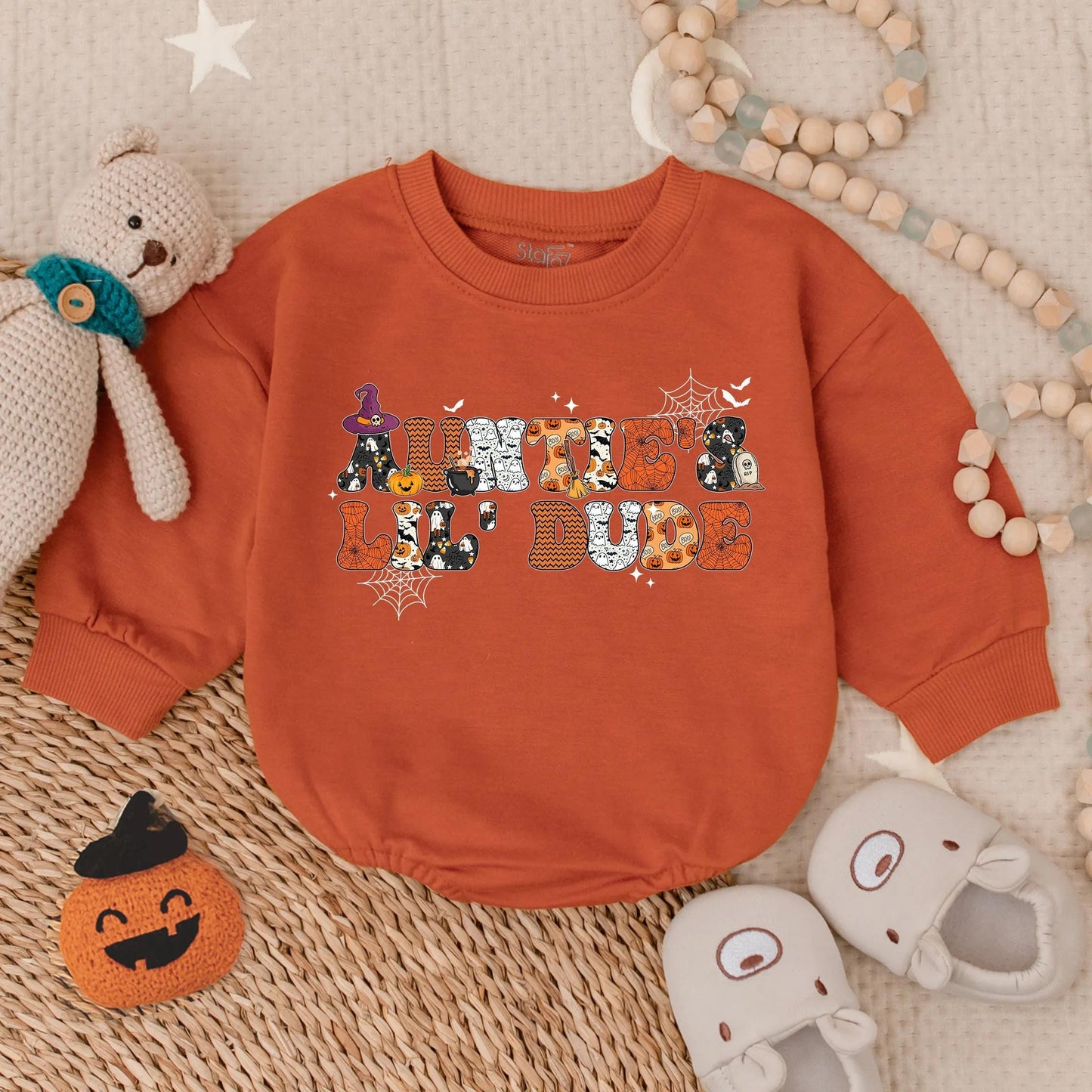 Auntie's Little Dude Halloween Romper Baby Boy Spooky Outfit Fall Infant Bodysuit Cute Gift for Nephew First Halloween Look