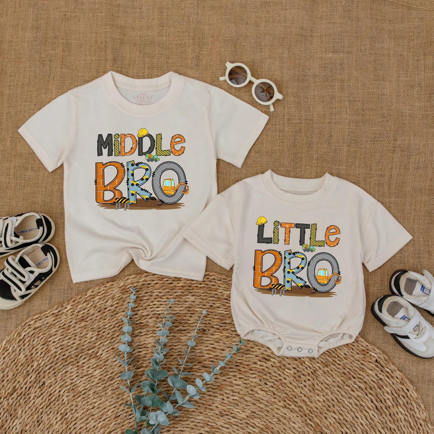 Big Brother Little Brother Construction Matching Shirts Reveal Outfits Toddler Boy Baby Announcement Clothes