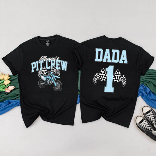 Personalized Dirt Bike Pit Crew Family Matching Birthday Tees and Rompers for First Birthday Boy Outfit Motorcycle Party Gift