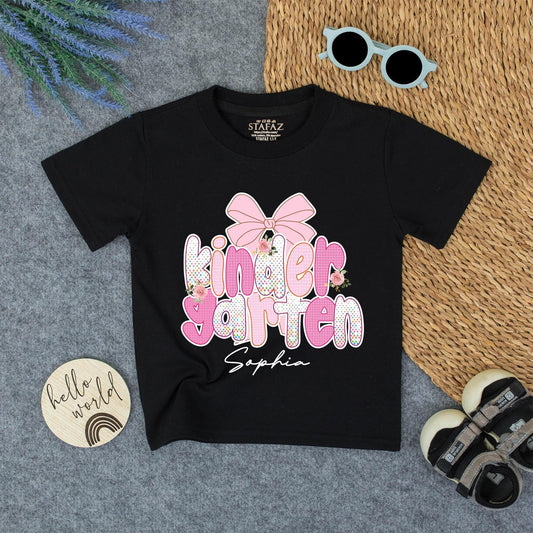 Sophia's Kindergarten School Shirt with Pink Bow Floral Design Personalized First Day Toddler Girl Tee Back to School Outfit