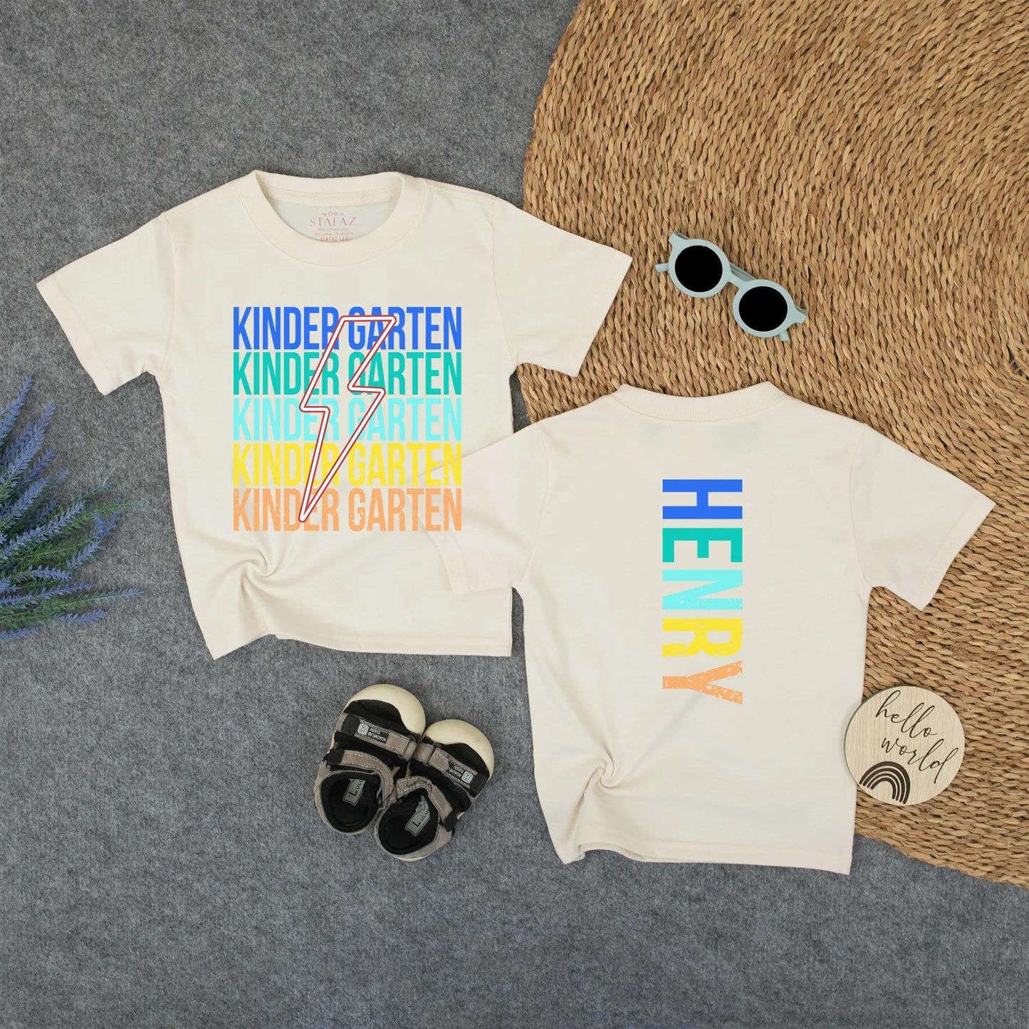 Rainbow Lightning Kindergarten T-Shirt Custom Henry Name Back to School Tee for Boys First Day Preschool Kids