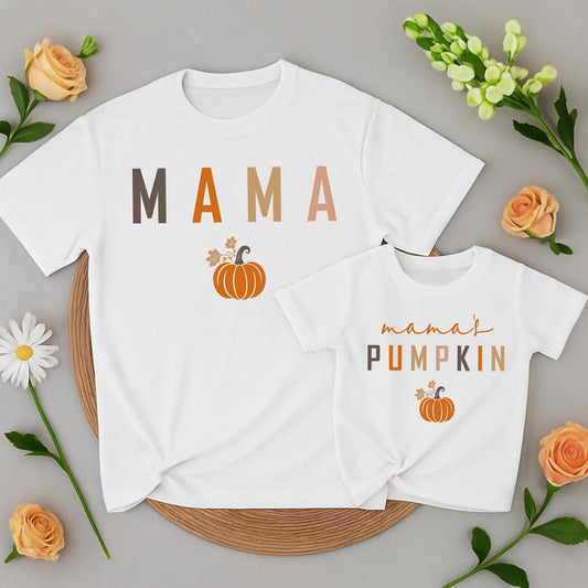Mama & Mama's Pumpkin Matching Fall Shirts, Mommy and Me Thanksgiving Outfits, Cute Kid's Tee, Matching Family Outfit Warm Muted Colors Baby Toddler