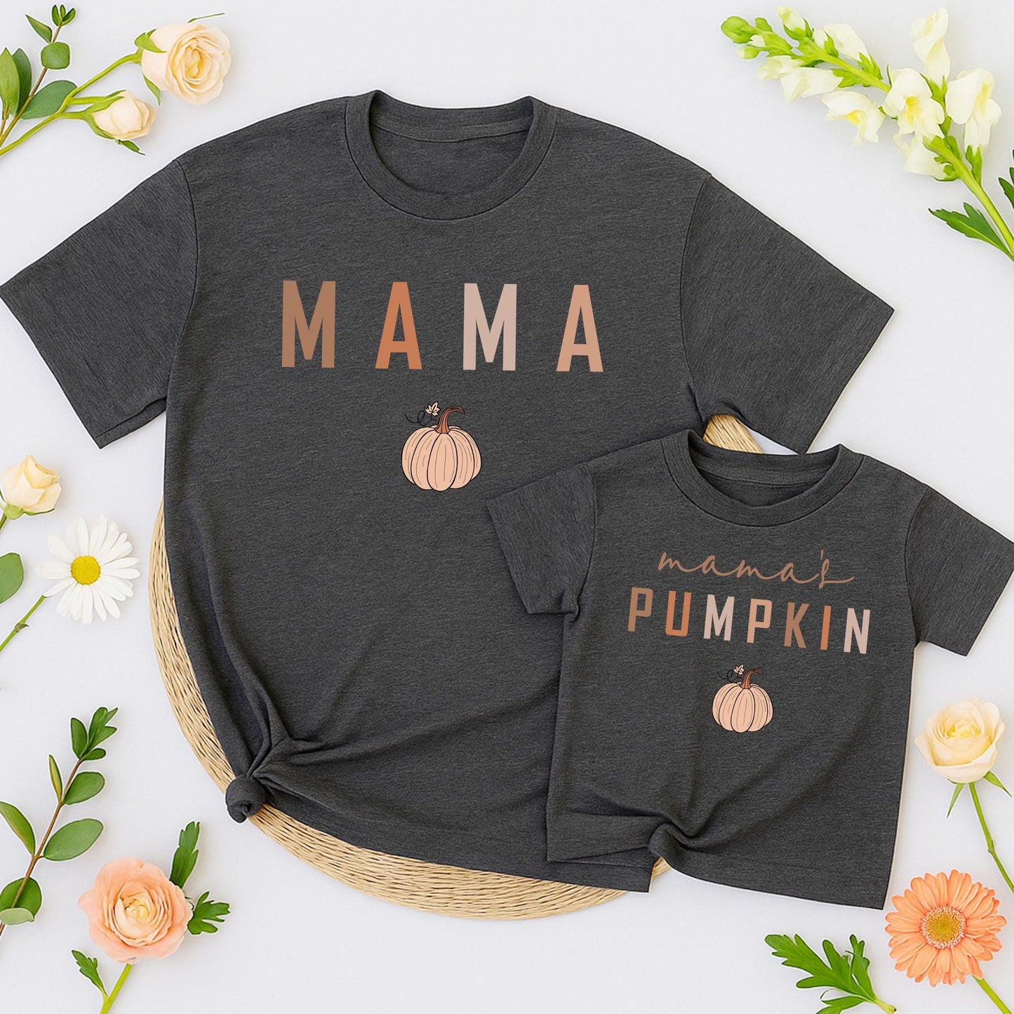 Mama & Mama's Pumpkin Matching Fall Shirts Set - Cute Mommy and Me Thanksgiving Outfit, Autumn T-Shirts for Mom, Baby & Kids - Perfect Fall Gift