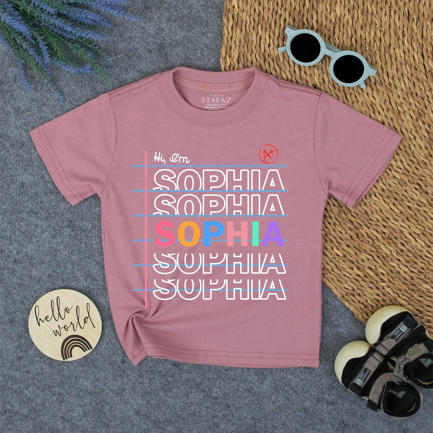 Back to School Sophia Name Shirt, Pastel Colors Notebook Design Kids Tee, Kindergarten First Day Outfit, Personalized