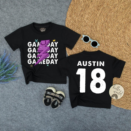 Custom Gameday Austin 18 Youth Football Tee with Lightning Bolt & Stars Design for Kids Back To School Outfit