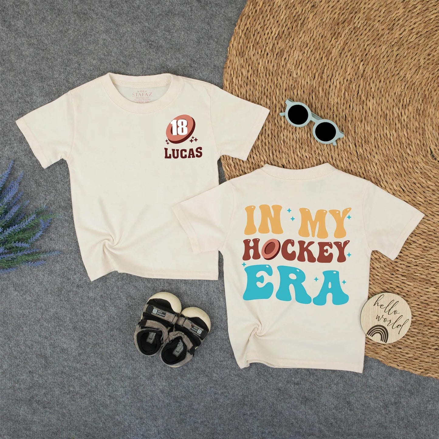 Retro Lucas 18 Hockey Era Shirt for Kids Custom Name Number Vintage Golden Brown Turquoise Psychedelic Style Toddler Back to School Sports Tee Gift