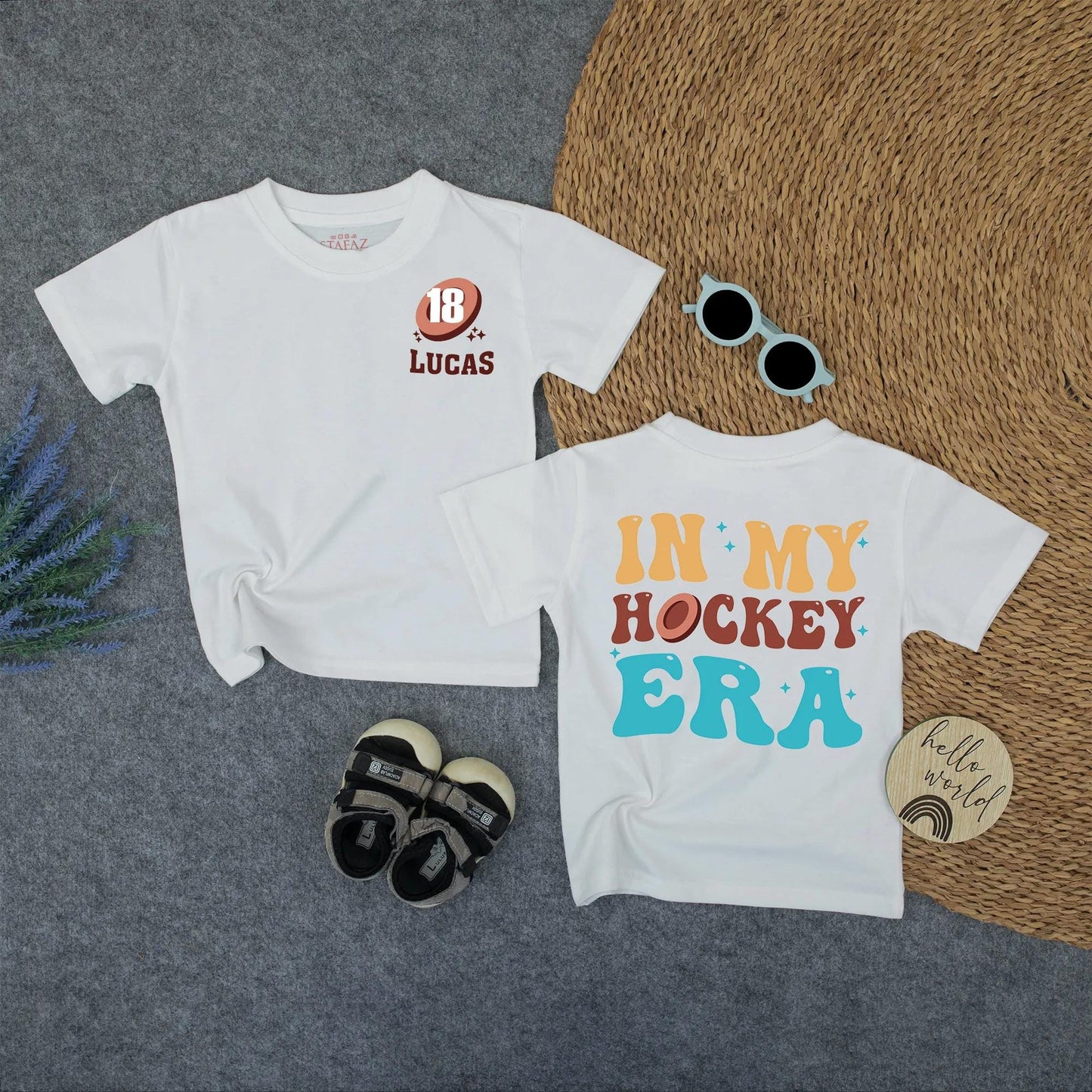 Retro Lucas 18 Hockey Era Shirt for Kids Custom Name Number Vintage Golden Brown Turquoise Psychedelic Style Toddler Back to School Sports Tee Gift