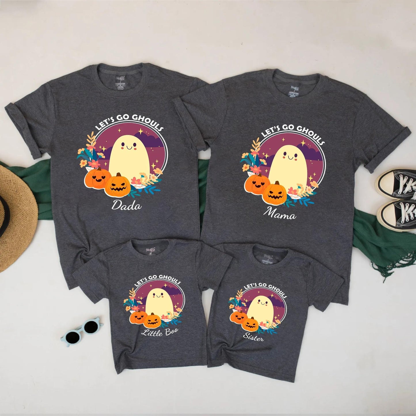 Let's Go Ghouls Halloween Matching Family Shirts, Cute Ghost & Pumpkins Fall Tee for Dada, Mama, Sister, Little Boo Cotton Outfit (134 chars)