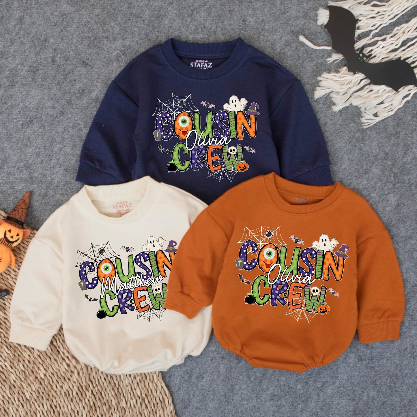 Custom Name Cousin Crew Halloween Bubble Romper - Matching Family Outfit for Baby & Toddler Spooky Fun - Fall Gift Idea (138 chars)