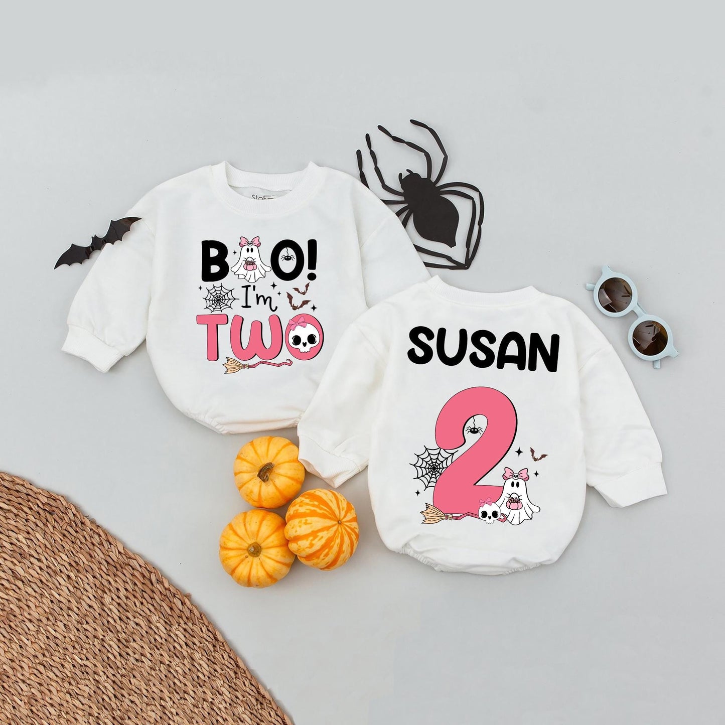 Personalized "Boo! I'm Two" Baby Girl Romper 2nd Birthday Spooky Season Halloween Outfit Cute Ghost Skull Bats Toddler Celebration Gift