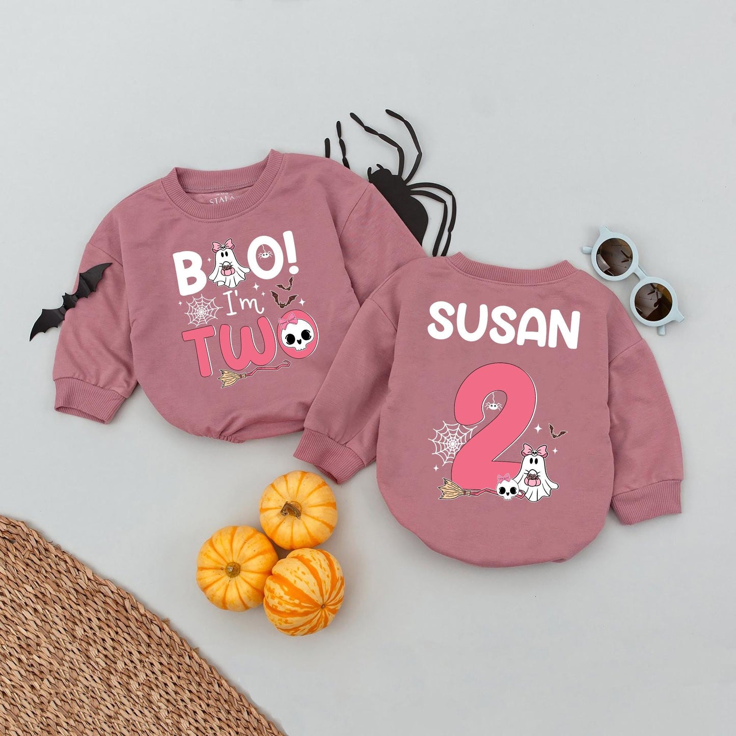 Personalized "Boo! I'm Two" Baby Girl Romper 2nd Birthday Spooky Season Halloween Outfit Cute Ghost Skull Bats Toddler Celebration Gift