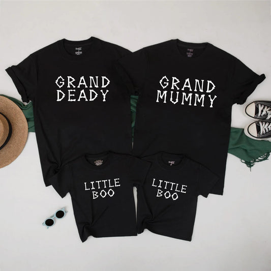 Spooky Family Matching Halloween Shirts: Grand Deady, Grand Mummy & Little Boo Bone Font Tees, Festive Group Costume Outfits, Playful Holiday Look