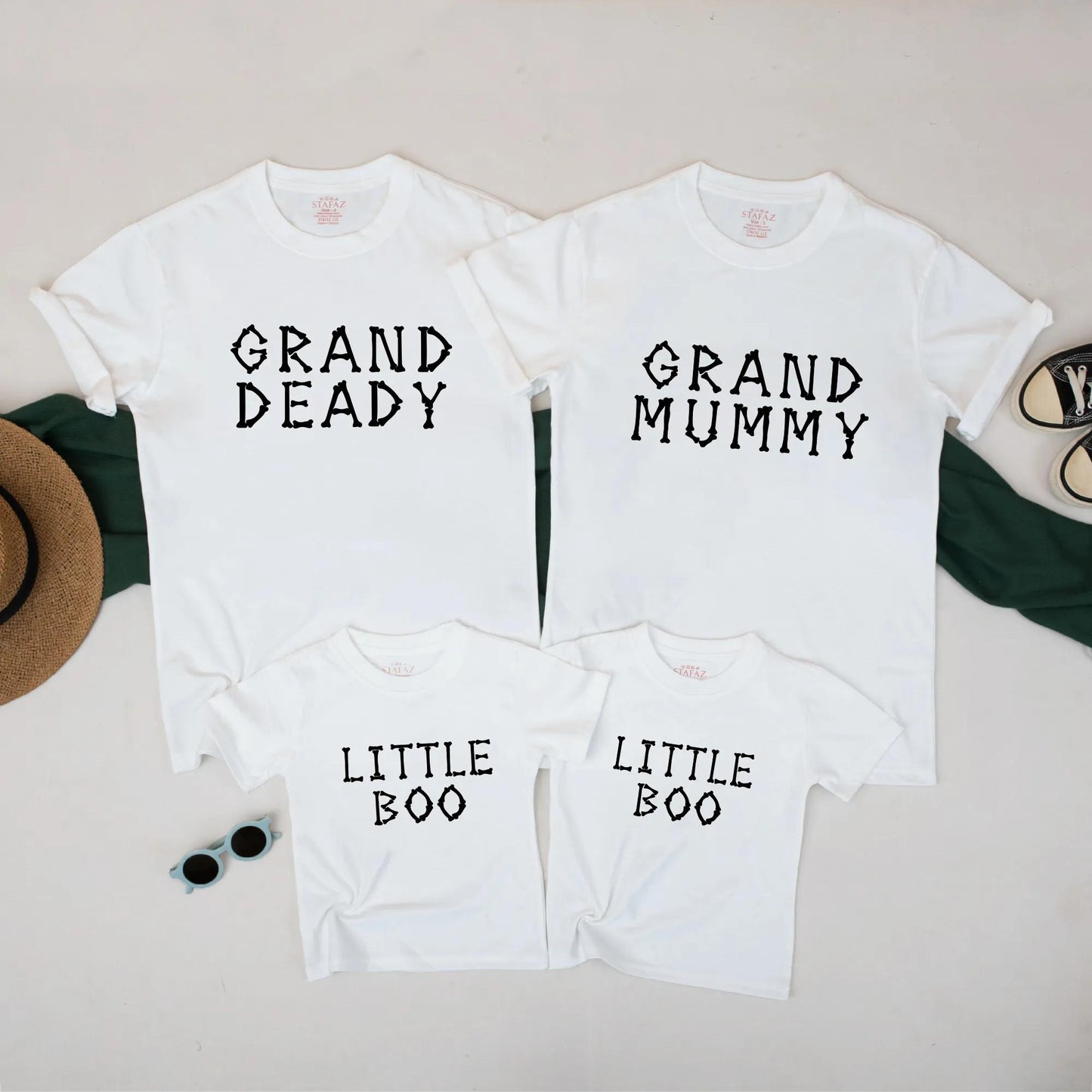 Spooky Family Matching Halloween Shirts: Grand Deady, Grand Mummy & Little Boo Bone Font Tees, Festive Group Costume Outfits, Playful Holiday Look