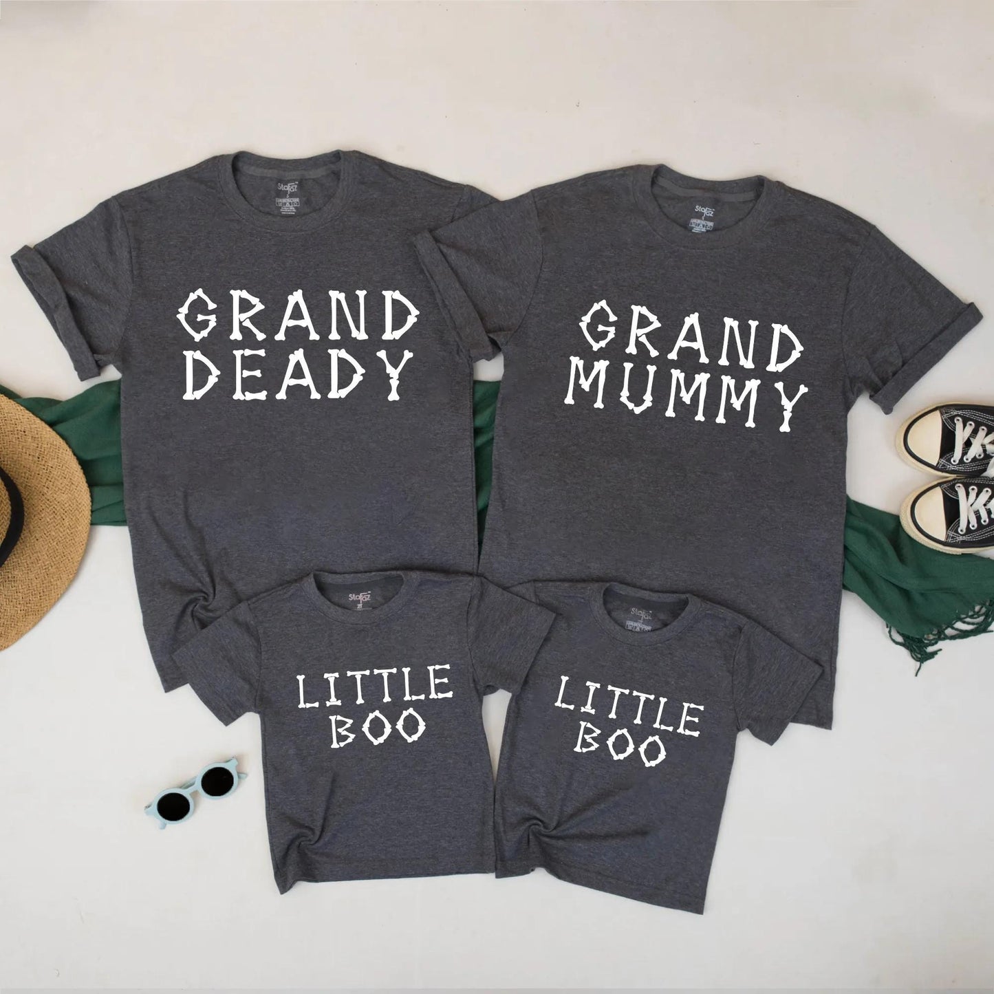 Spooky Family Matching Halloween Shirts: Grand Deady, Grand Mummy & Little Boo Bone Font Tees, Festive Group Costume Outfits, Playful Holiday Look