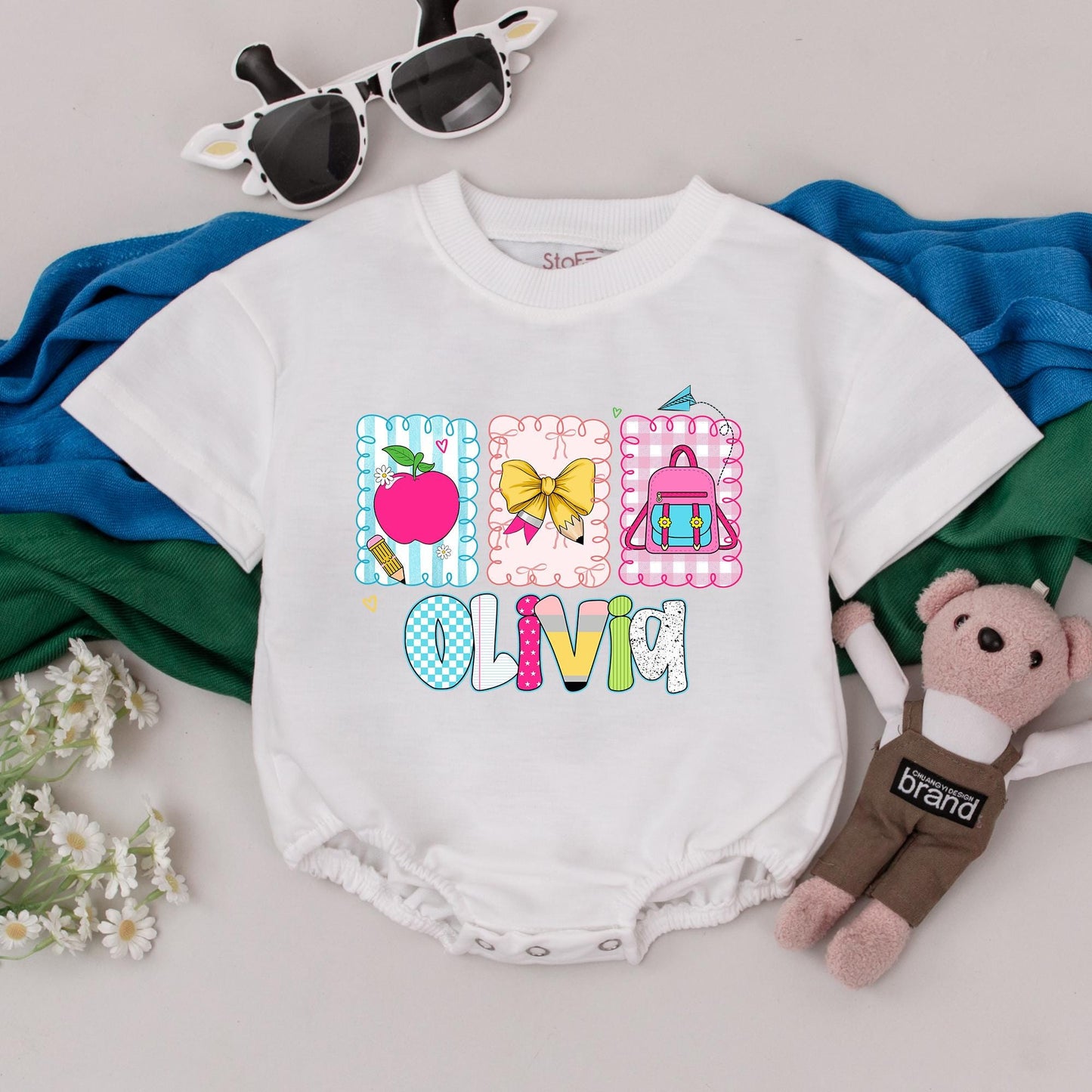 Personalized Girls Back to School Romper First Day Kindergarten Outfit Whimsical Name Design Pink Apple Yellow Bow Backpack Toddler Bodysuit