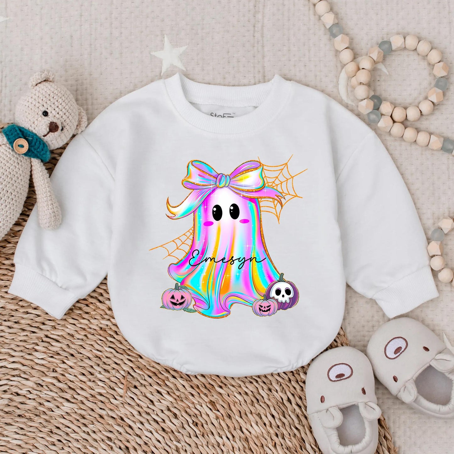 Custom Iridescent Ghost Pumpkin Romper Girly First Halloween Baby Outfit Cute Spooky Fall Bodysuit Preppy Ghost Bubble for Girls