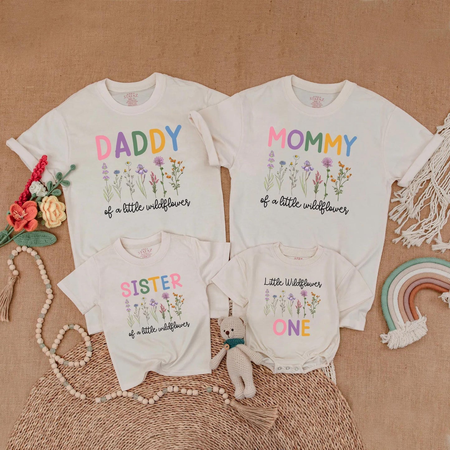 Little Wildflower Family Matching Shirts Boho Floral 1st Birthday Outfits Mommy Daddy Sister Wild One Birthday Girl Gift Celebration Clothes Cotton