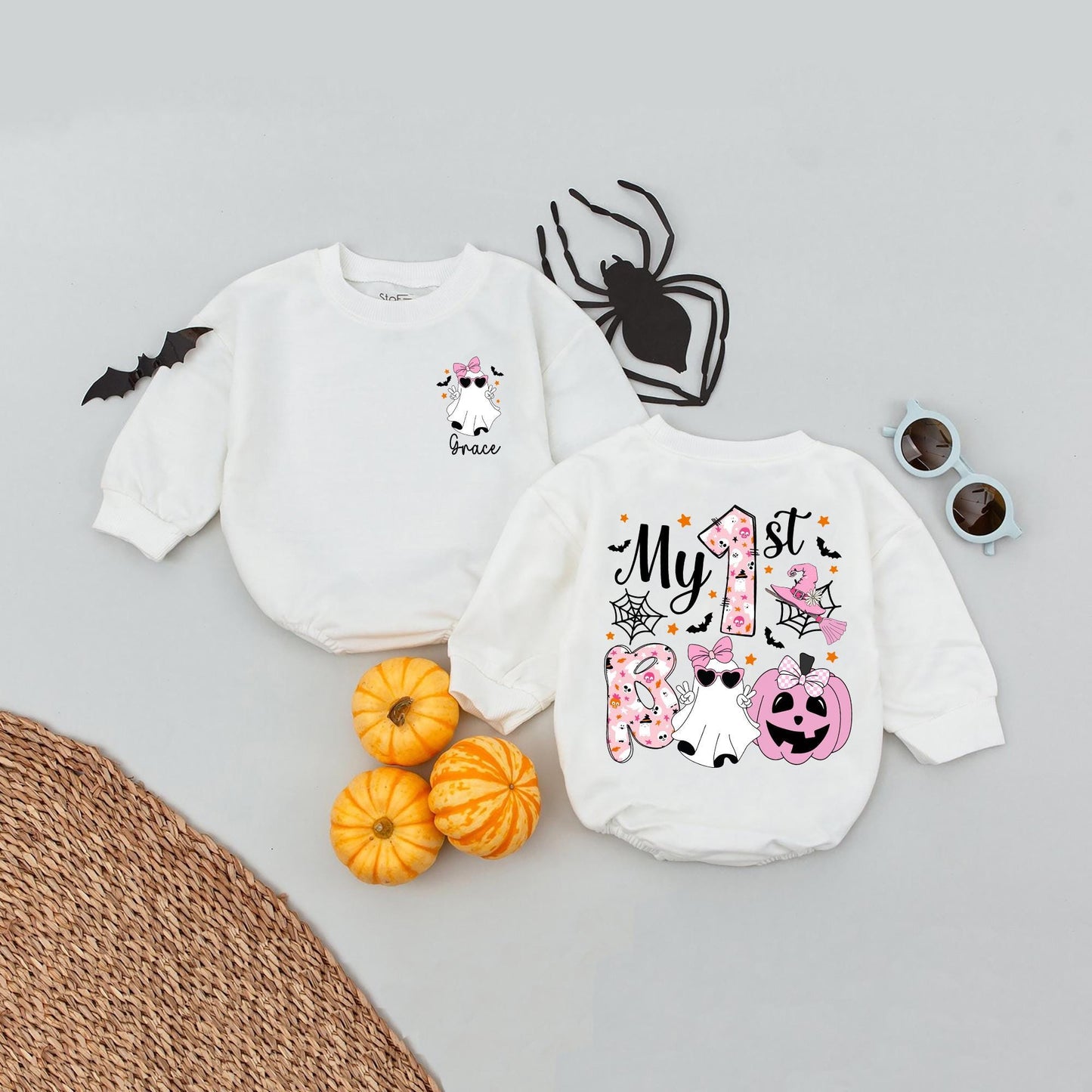 Custom Grace Ghost Romper My 1st Boo Baby Bodysuit Cute Halloween Outfit First Birthday Gift
