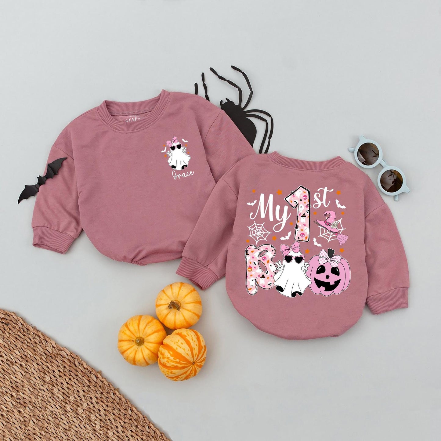 Custom Grace Ghost Romper My 1st Boo Baby Bodysuit Cute Halloween Outfit First Birthday Gift