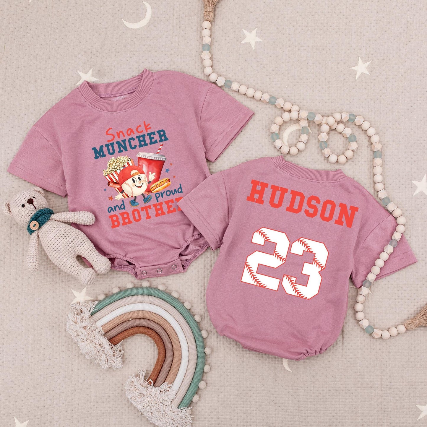 Snack Muncher & Proud Brother Baseball Romper Baby Toddler Game Day Ballpark Outfit