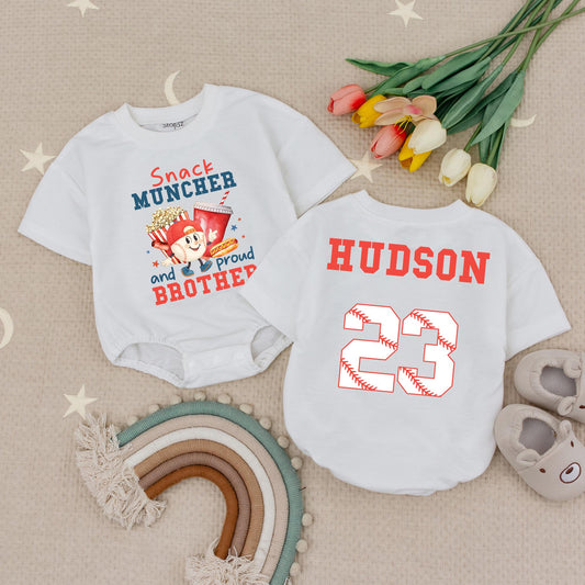 Snack Muncher & Proud Brother Baseball Romper Baby Toddler Game Day Ballpark Outfit
