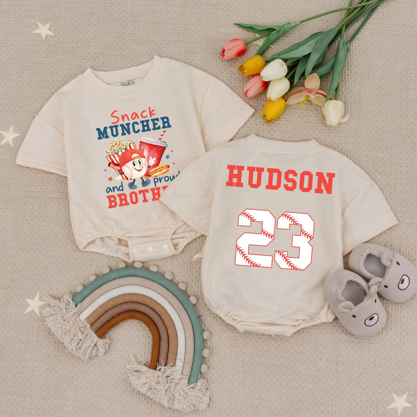 Snack Muncher & Proud Brother Baseball Romper Baby Toddler Game Day Ballpark Outfit