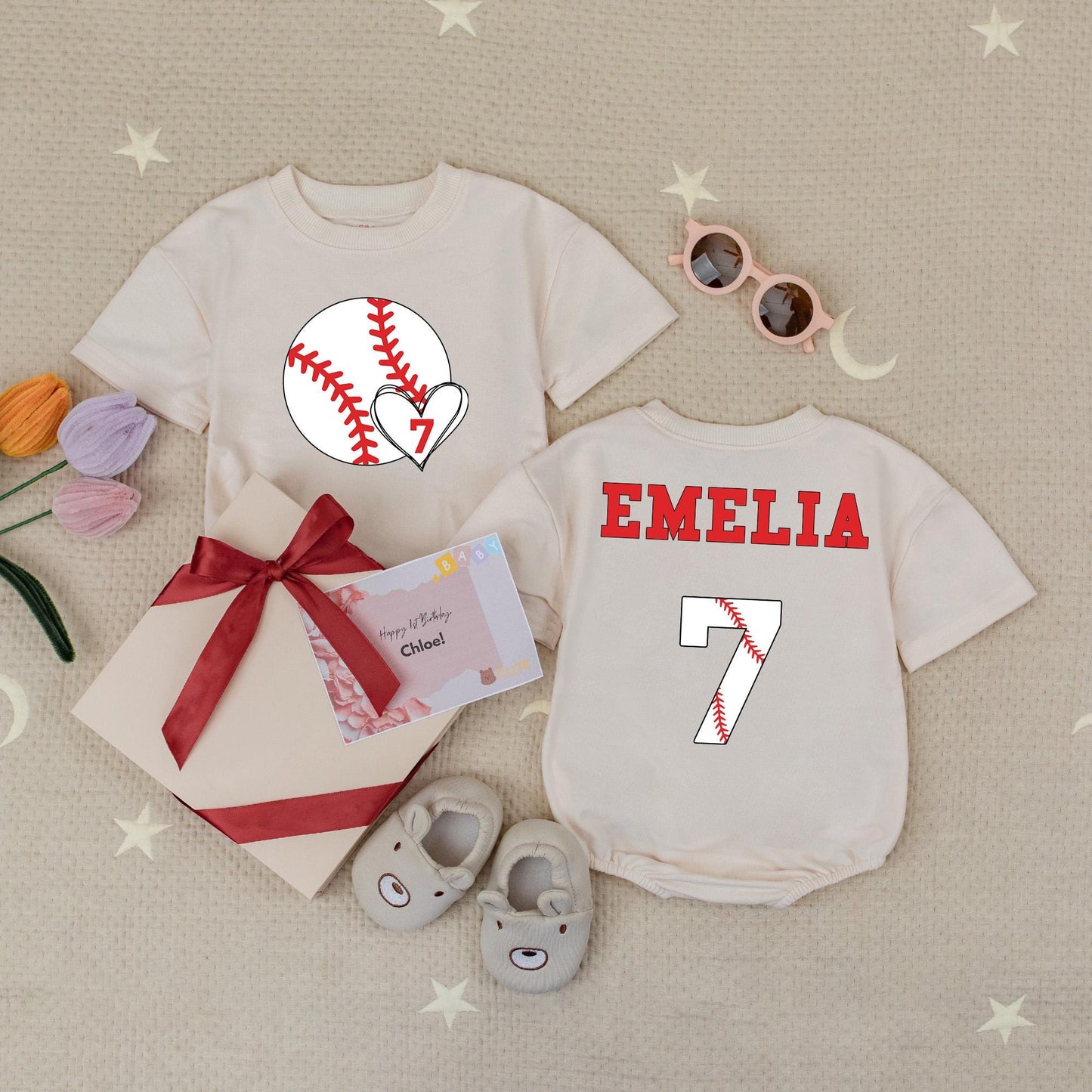 Custom Name Baseball First Birthday Baby Romper Sporty Outfit with Number 7 Design and Red Stitches Fun Playful All Star Theme for Baby Boy Girl