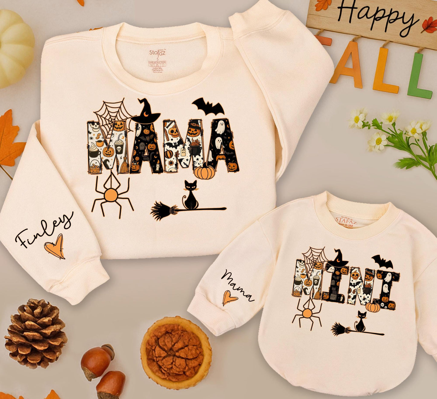 Mama & Mini Halloween Sweatshirts: Matching Family Outfits with Pumpkin, Ghost Letters - Cute Mommy and Me Fall Party Costume Romper Baby Gift Set