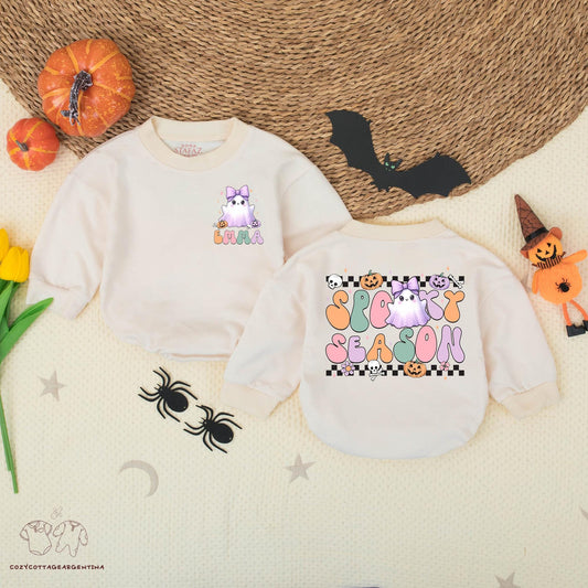 Personalized Spooky Season Romper: Cute Ghost Baby Halloween Outfit with Name, Groovy Font First Costume, Skull, Pumpkin, & Checkerboard Design, Comfy Cotton (Emma)