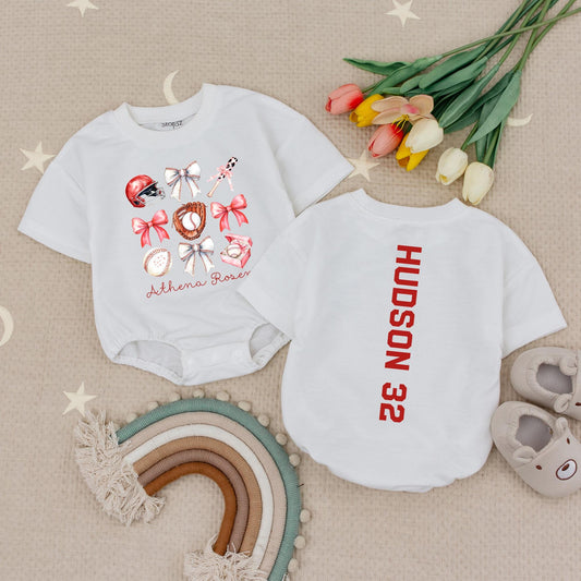 Personalized Baseball Sister Romper Set for Baby Girl, Bow & Team Graphics Outfit, Custom Name & Number Tee, Big/Little Sibling Tball Shirt, Comfy Cotton (139)