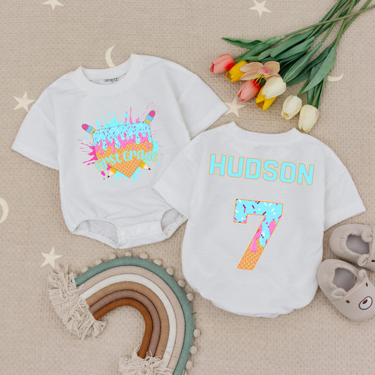 Personalized Ice Cream Drip First Grade Romper Outfit, Back to School Baseball Tee, Custom Name Hudson 7 Kids Shirt, 1st Day Outfit, Baby Romper