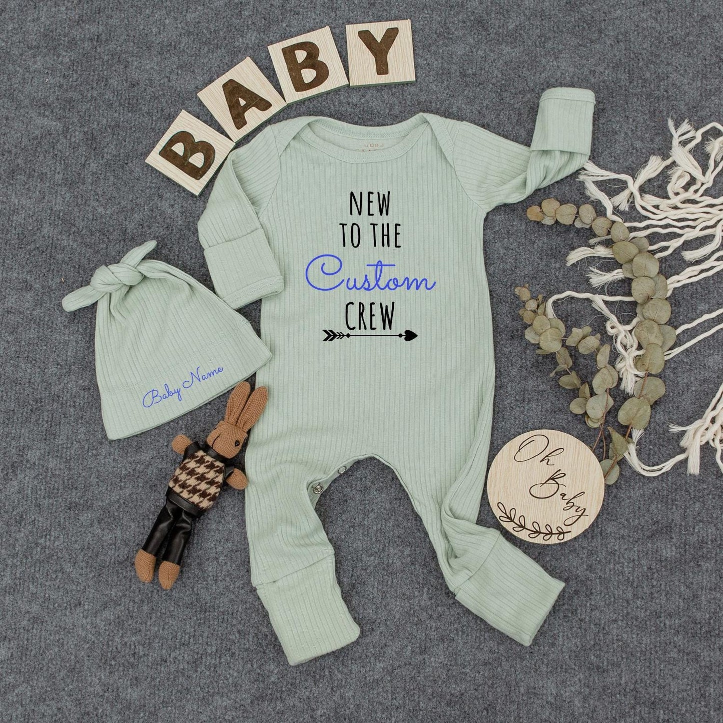 Custom New to the Crew Baby Bodysuit Modern Neutral Outfit Personalized with Name for Baby Shower Gift