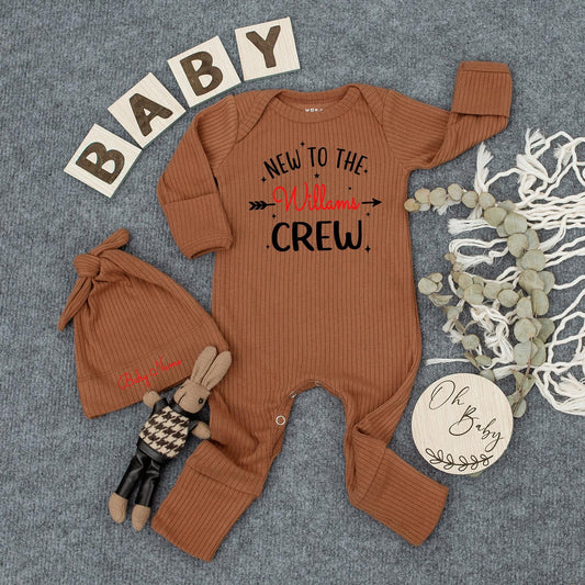 Custom New To The Crew Baby Bodysuit & Williams Name Outfit, Newborn Gift Set, Red Script with Stars Baby Announcement