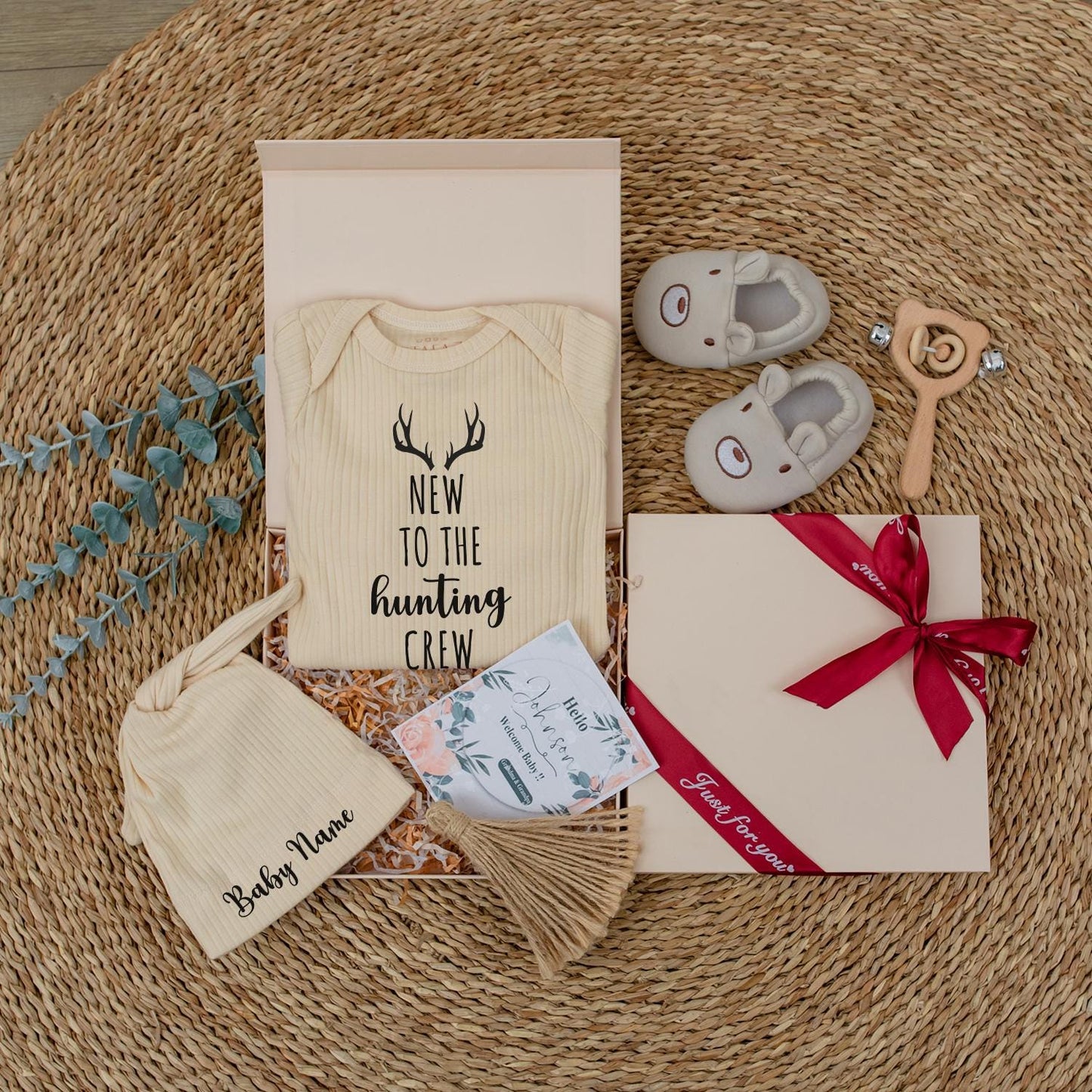 New To The Hunting Crew Baby Bodysuit with Custom Name Hat Rustic Antler Design Coming Home Outfit