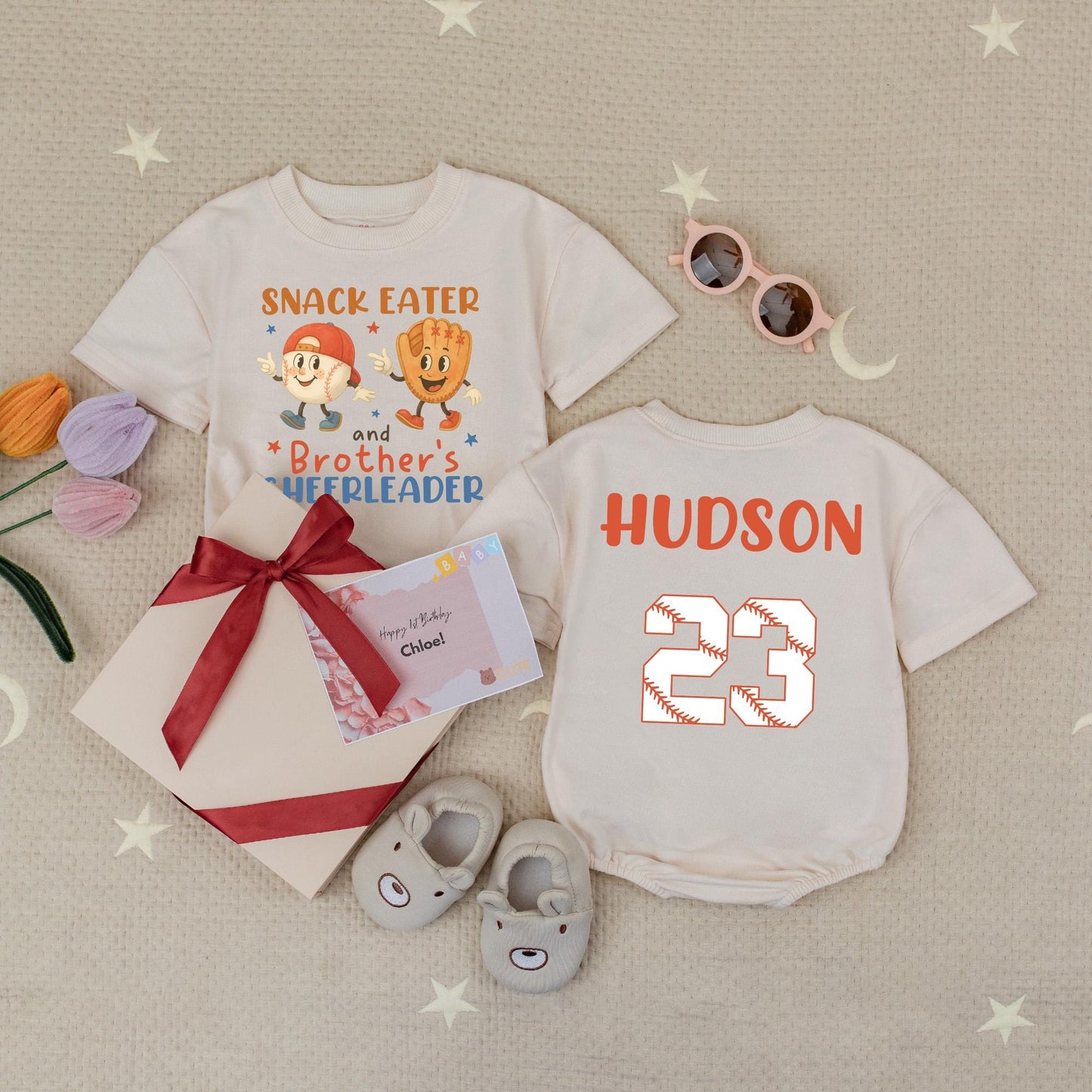 SNACK EATER & Brother's Cheerleader Baby Romper, Hudson 23 Baseball Toddler Tee, Playful Orange & Blue Design, Baseball Sibling Gift