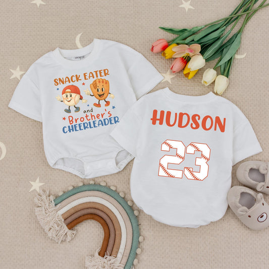 SNACK EATER & Brother's Cheerleader Baby Romper, Hudson 23 Baseball Toddler Tee, Playful Orange & Blue Design, Baseball Sibling Gift