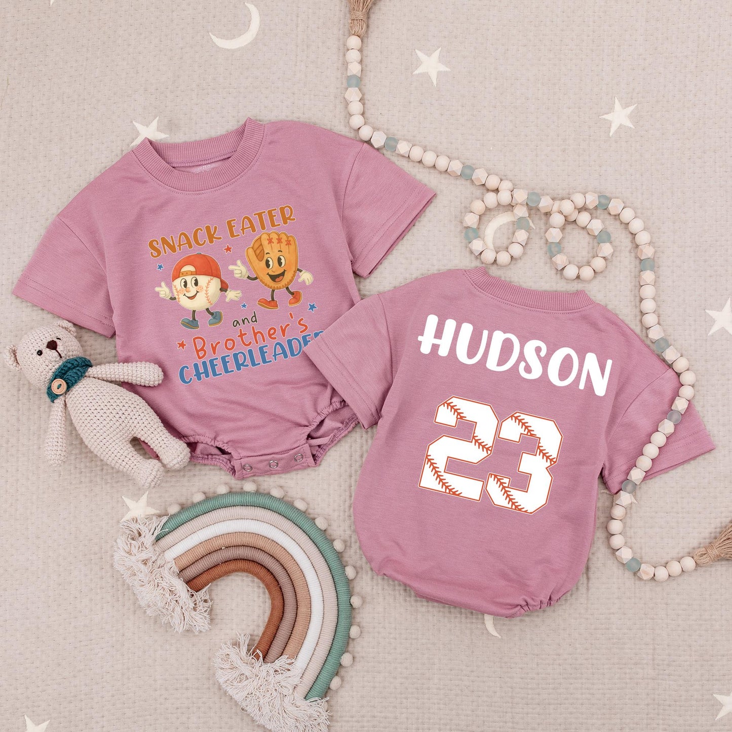 SNACK EATER & Brother's Cheerleader Baby Romper, Hudson 23 Baseball Toddler Tee, Playful Orange & Blue Design, Baseball Sibling Gift