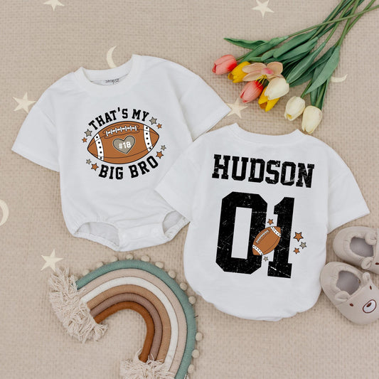 Custom 'That's My Big Bro' Football Romper, Hudson 01 Personalized Game Day Baby Outfit, Brother's Biggest Fan Clothes 18 Heart Star Accents