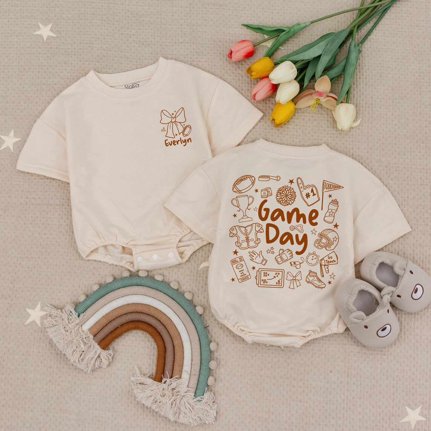 Custom Name Football Game Day Baby Romper with Bow Stars, Cute Football Season Infant Bodysuit in Earthy Brown Tones