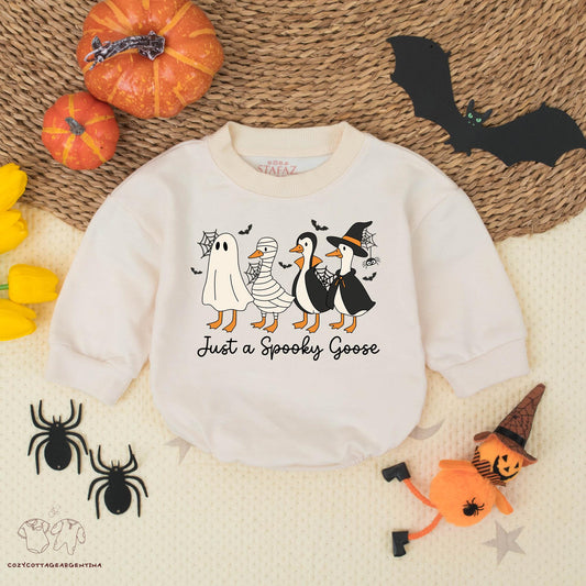 Cute Spooky Goose Baby Romper Funny Halloween Bodysuit Cartoon Geese Ghost Mummy Witch Wizard Costumes Bats Spiderwebs Design