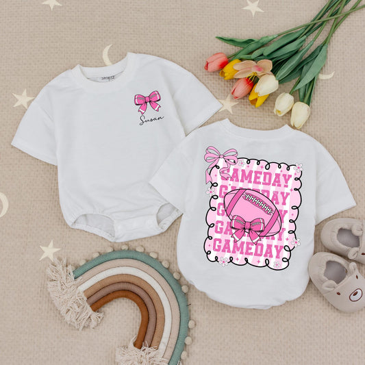 Personalized Pink Bow Football Game Day Romper for Baby Girl First Season Outfit, Cute Bodysuit featuring Gameday Doodle Frame and Stars Baby Shower Gift