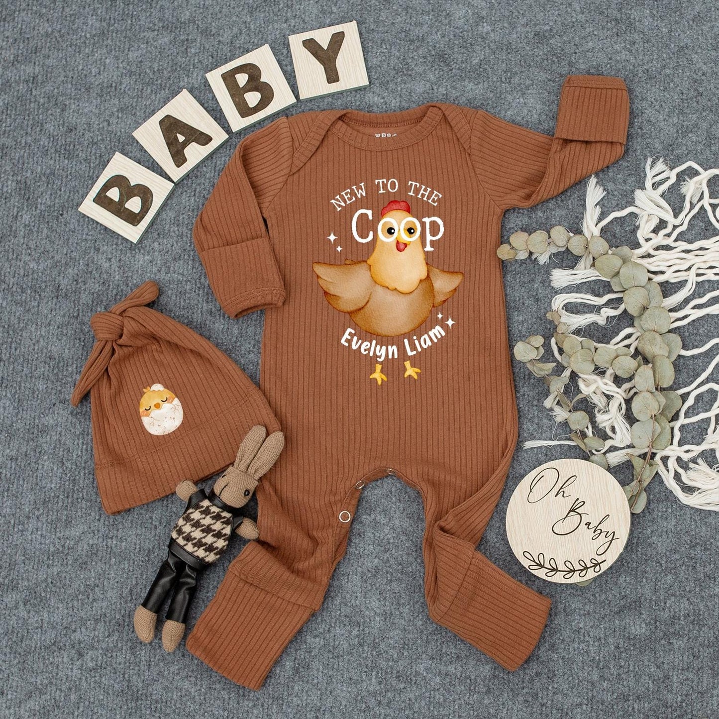 New to the Coop Baby Romper with Cartoon Chicken Funny Farm Animal Outfit Personalized Newborn Coming Home Gift