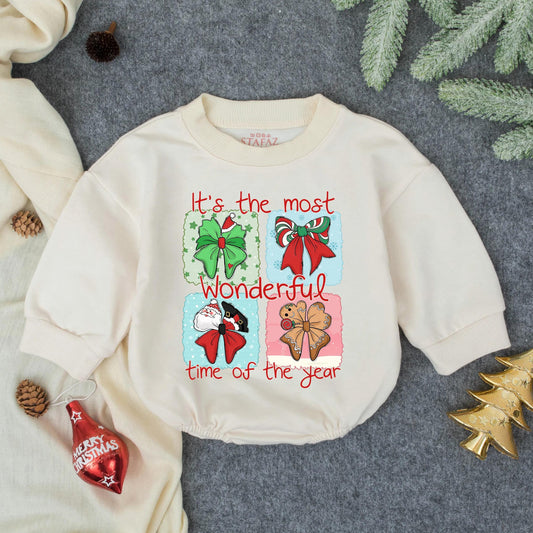 It's the Most Wonderful Time Of The Year Bubble Romper Baby's First Christmas Outfit Whimsical Santa Gingerbread Holiday Baby Shower Gift