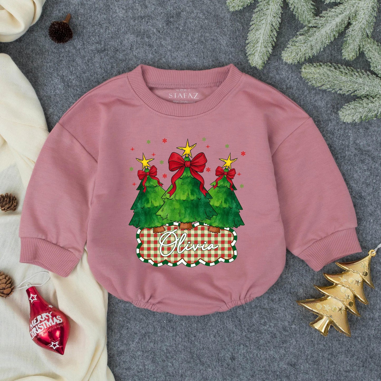 Olivia Custom Christmas Tree Baby Romper with Red Bows & Gold Stars Festive Baby Girl Outfit First Holiday Gift
