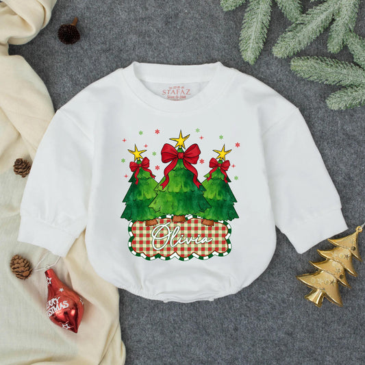 Olivia Custom Christmas Tree Baby Romper with Red Bows & Gold Stars Festive Baby Girl Outfit First Holiday Gift