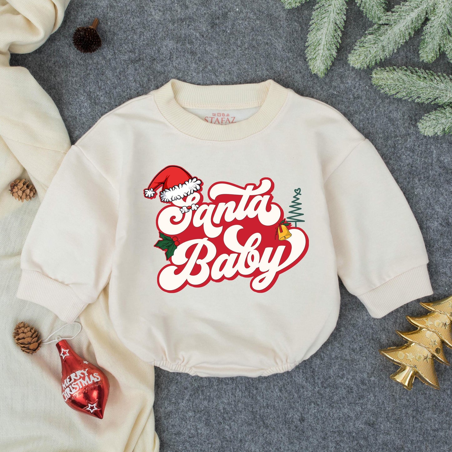 Santa Baby Romper Festive Infant Outfit Playful Retro Xmas Tree Holly Bell Baby Girl Boy Bodysuit Toddler Winter Gift Idea Cozy