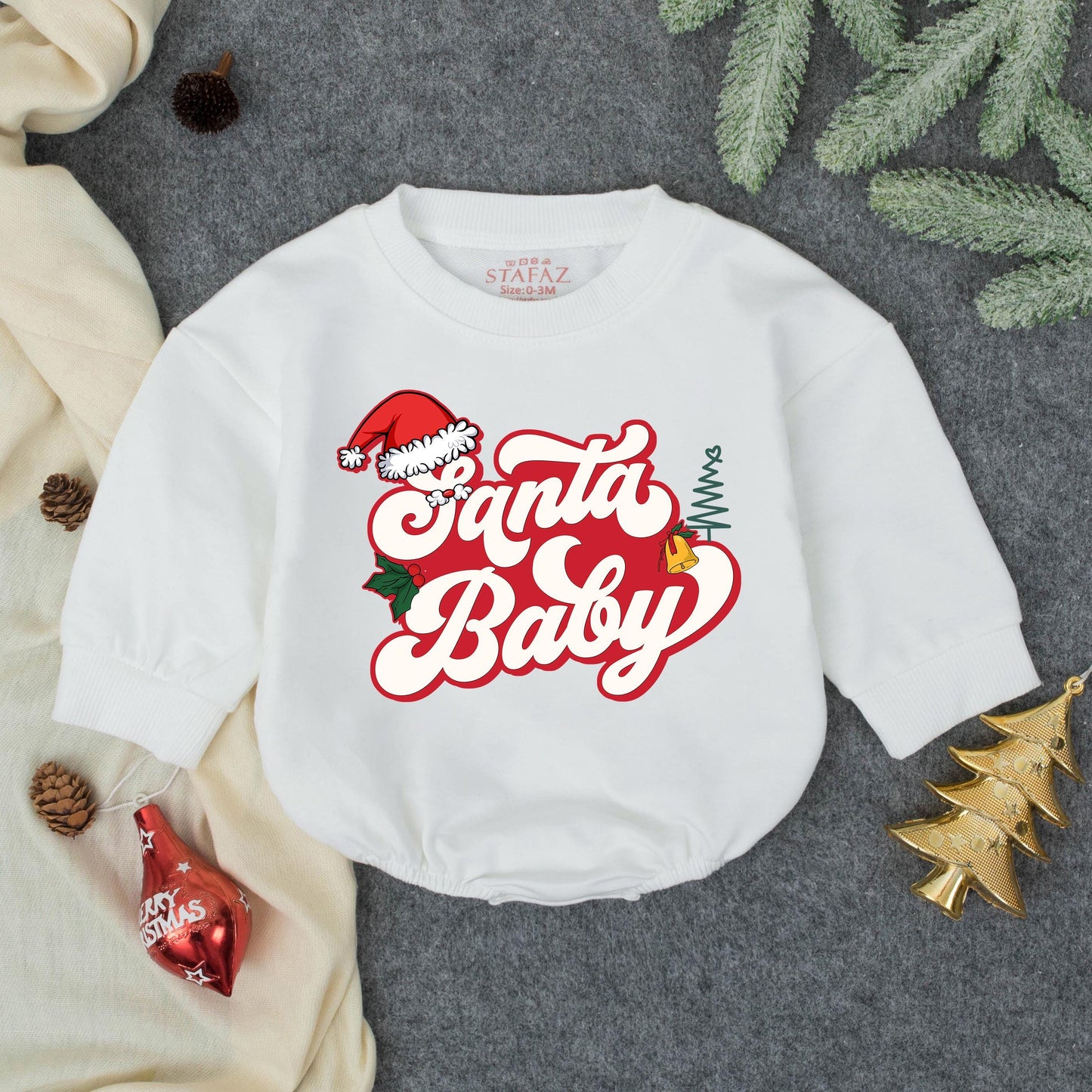 Santa Baby Romper Festive Infant Outfit Playful Retro Xmas Tree Holly Bell Baby Girl Boy Bodysuit Toddler Winter Gift Idea Cozy
