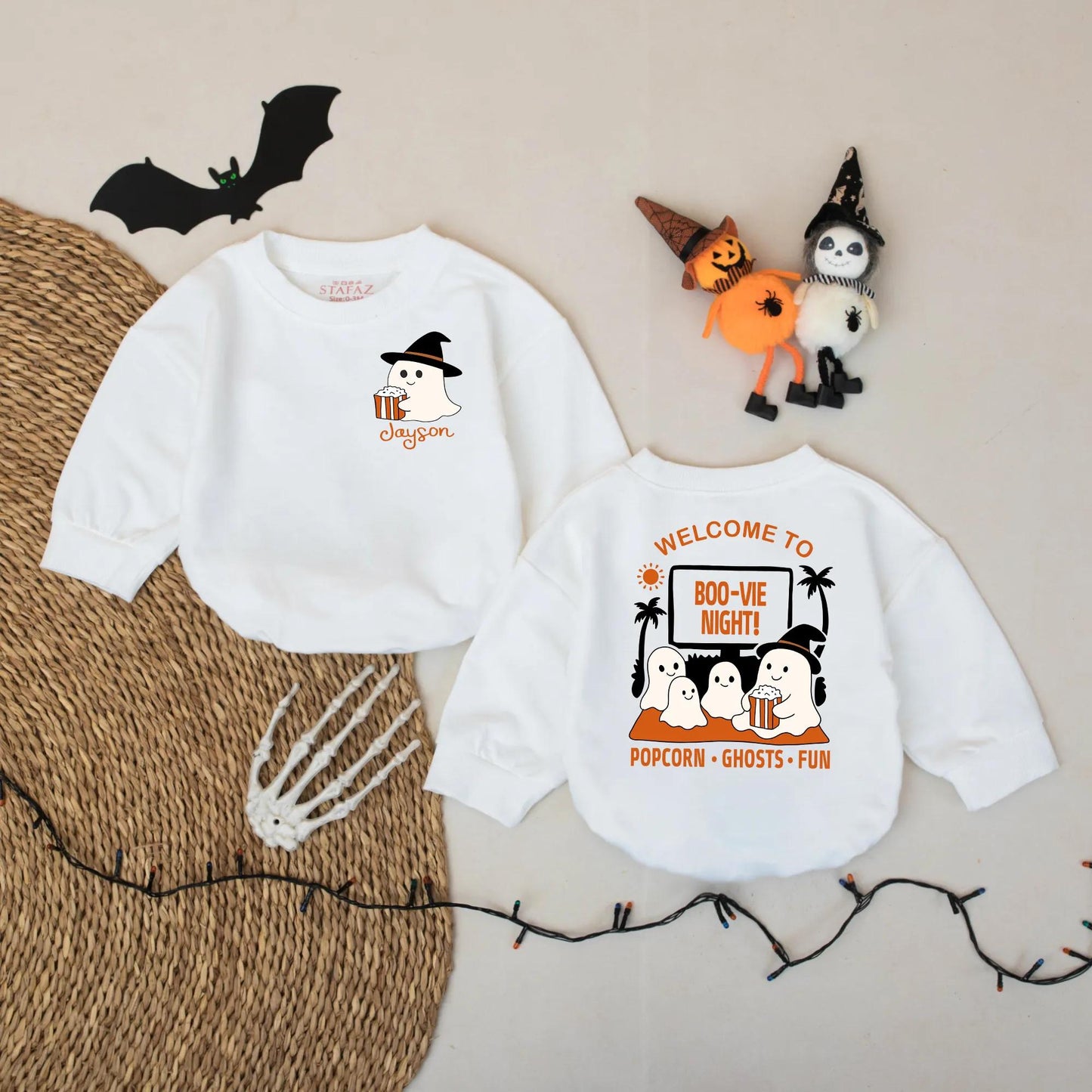 Custom Name Ghost Popcorn Movie Night Baby Romper Cute Halloween Spooky Boo-vie Party Infant Bodysuit Cozy Child Friendly Gift