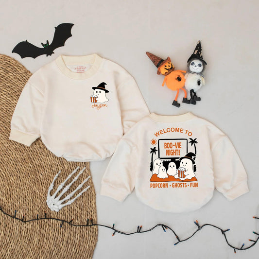 Custom Name Ghost Popcorn Movie Night Baby Romper Cute Halloween Spooky Boo-vie Party Infant Bodysuit Cozy Child Friendly Gift
