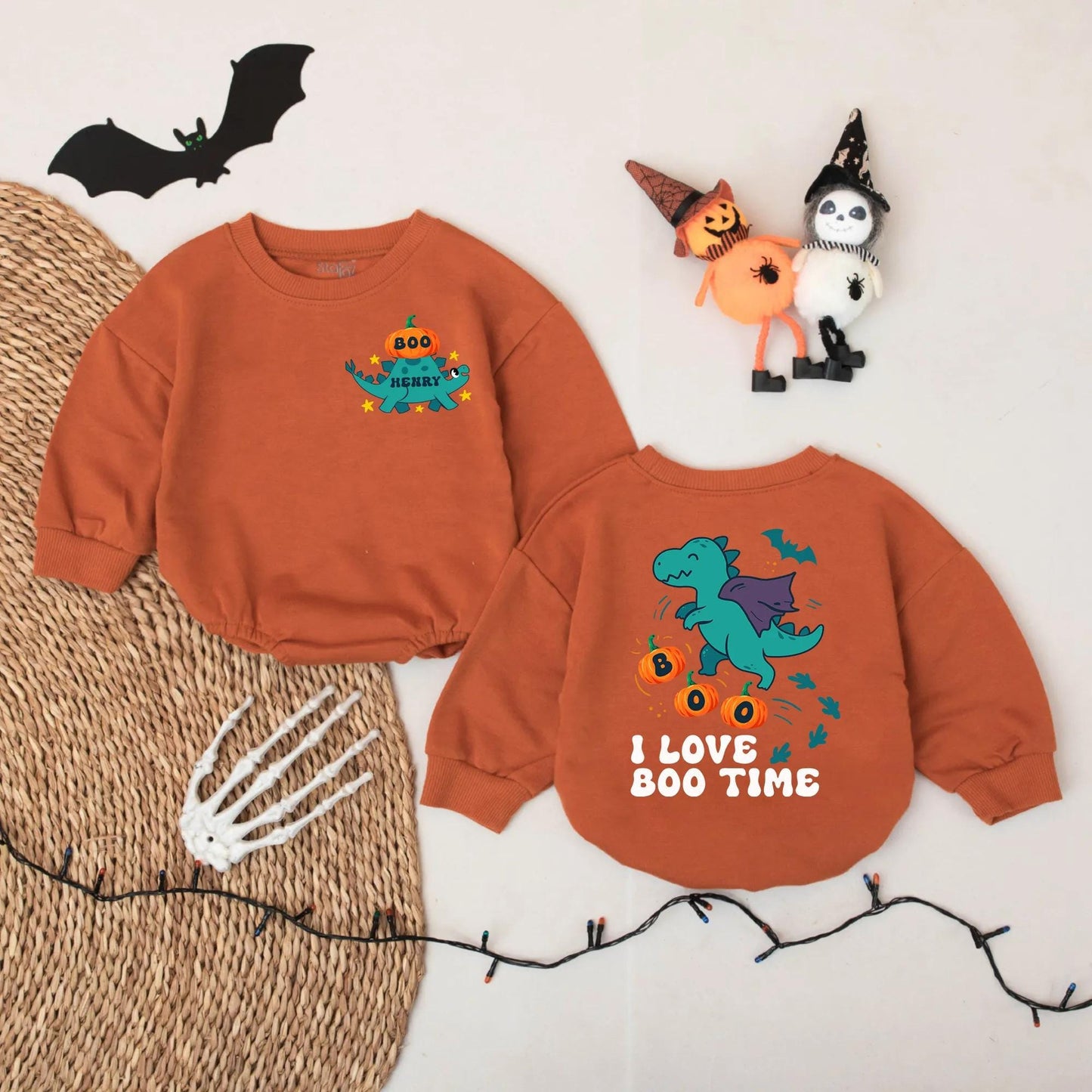 Personalized Dino Pumpkin Baby Romper Custom Name Halloween Costume Fall Outfit for Infant Toddler